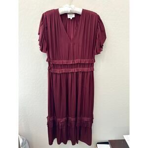 BOHME | Burgundy Flutter Sleeve Ruffle Tiered Midi Dress | Size Large